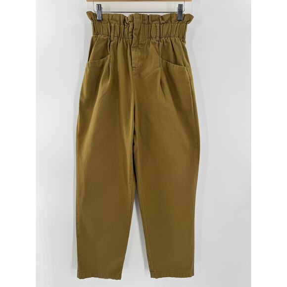 Bershka Paperbag Waist Pants High Rise Ankle Chino Trousers Gold Brown 4 - Picture 3 of 9